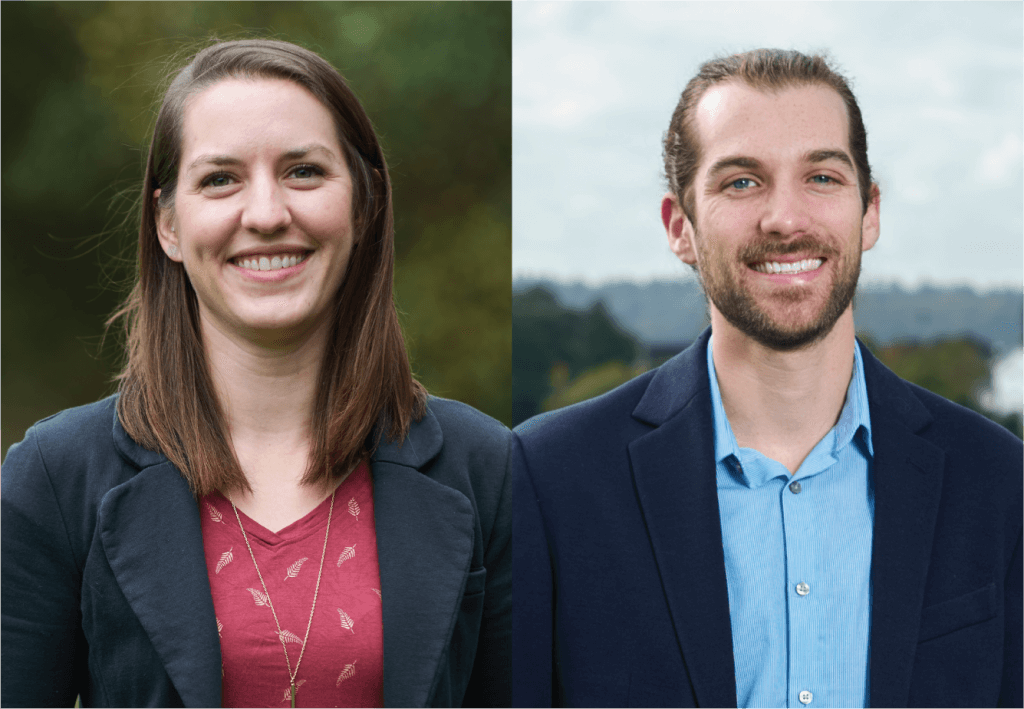 A composite of Pamela and Nathan's headshots. Pamela poses in front of a group of trees wearing a purple shirt and dark blue blazer. Nathan poses in front of an open valley wearing a blue shirt and dark blue sports jacket.