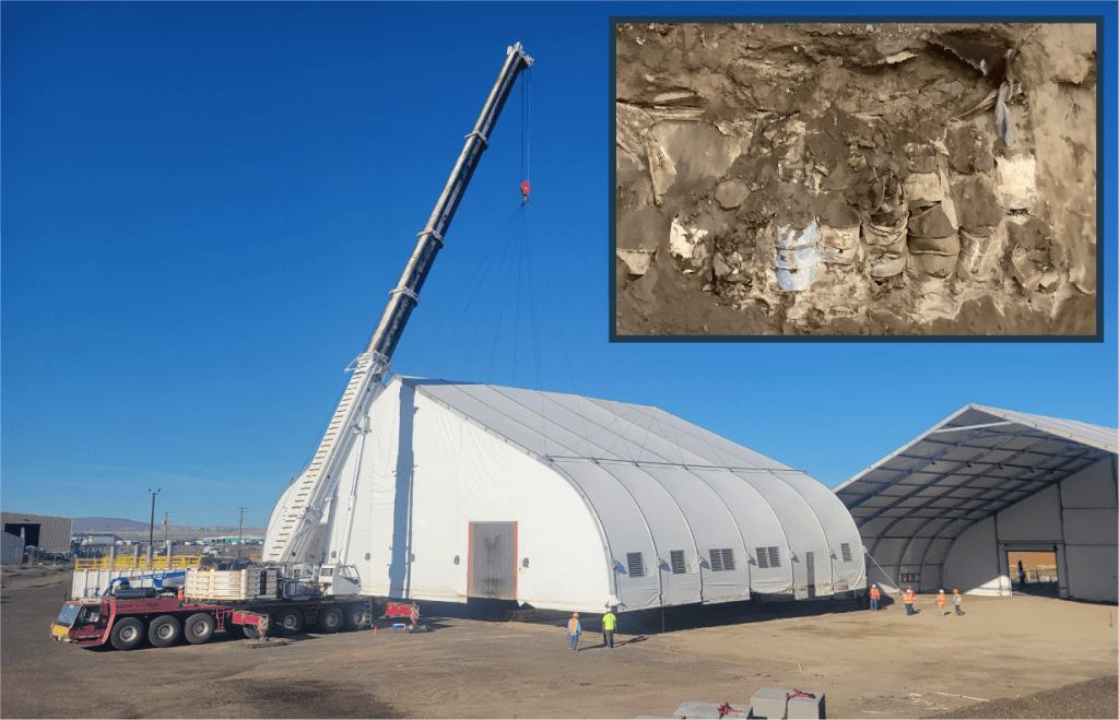 Large image of a crane lifting a moveable building into place on a dirt-covered site. Inset image of many metal drums compressed under earth.