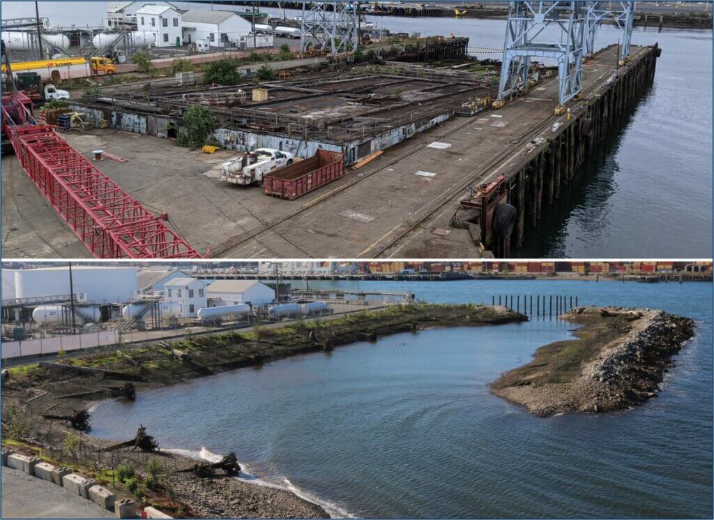 Two photos compared top and bottom to show the results of the demolition of two piers at shipways at Vigor Shipyard